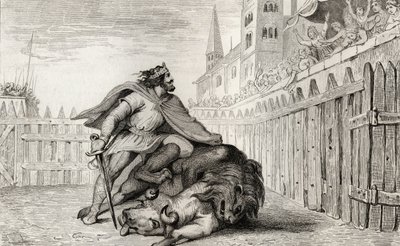 Pepin III (714-68) The Short with the Lion and the Bull، from &39;Histoire de France&39; بواسطة Colart، تم نشره عام 1840 بواسطة المدرسة الفرنسية