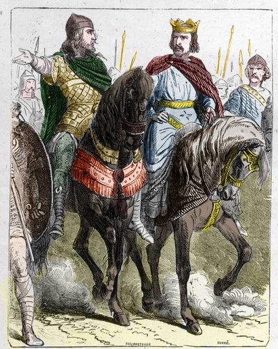 Pepin II de Herstal ، المعروف باسم Pepin le Gros أو Pepin le Jeune (645-714) مع Clovis III ، ملك الفرنك من 691 إلى 695. بواسطة المدرسة الفرنسية