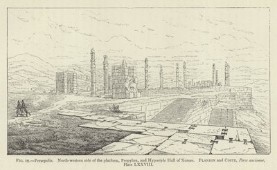 برسيبوليس ، الجانب الشمالي الغربي من المنصة ، Propylaea ، و Hypostyle Hall of Xerxes بواسطة المدرسة الفرنسية