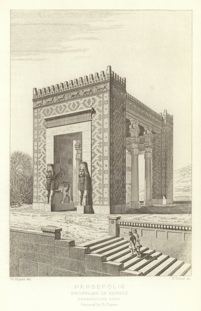 Persepolis، Propylaea of Xerxes، وجهة نظر منظور، تم ترميمها بواسطة Ch Chipiez بواسطة المدرسة الفرنسية
