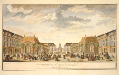 عرض منظوري لساحة لويس دي جراند مع الغرف التي شيدت بمناسبة زواج Monseigneur le Dauphin (نقش ملون) بواسطة المدرسة الفرنسية