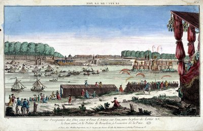 عرض منظور للحفلات والألعاب والألعاب النارية على الماء ، بين Place Louis XV و Palais Bourbon ، بمناسبة السلام بواسطة المدرسة الفرنسية