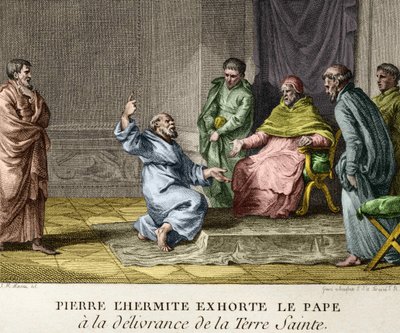 حث بطرس الناسك البابا أوربان الثاني على تحرير الأرض المقدسة عام 1093 (بطرس الناسك يكرز بالحملة الصليبية الأولى) - نقش من شخصيات تاريخ فرنسا ، sd. أواخر القرن الثامن عشر بواسطة المدرسة الفرنسية