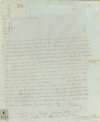 التماس من Aldonze Sade للعمل ، 1794-95 (قلم وحبر على ورق) بواسطة المدرسة الفرنسية