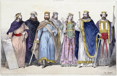 Pharamond و Clodion و Merovee و Childeric و Clotilde و Clovis 1er et Childebert 1er - في "La monarchie francaise en estampes" بواسطة المدرسة الفرنسية
