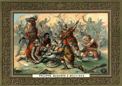 فيليب أوغست في Bouvines عام 1214. مجموعة الطباعة الحجرية الملونة في القرن التاسع عشر. بيانكيتي. بواسطة المدرسة الفرنسية