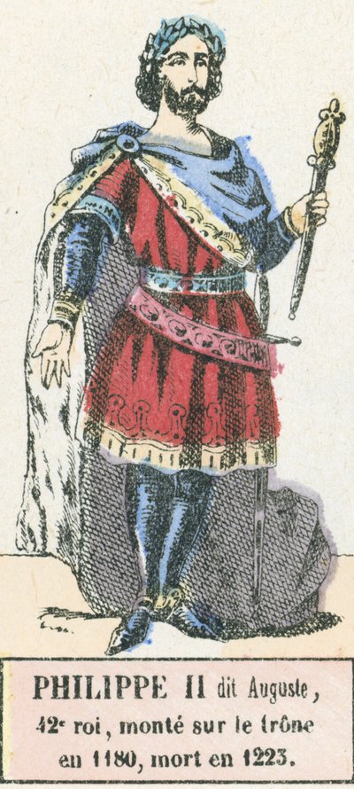 فيليب الثاني ديت أوغست ، الملك الثاني والأربعون ، اعتلى العرش عام 1180 ، وتوفي عام 1223 (نقش ملون) بواسطة المدرسة الفرنسية