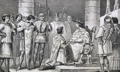 فيليب السادس (1293-1350) دي فالوا يقدم تكريمًا لإدوارد الثالث (1312-77) من إنجلترا ولكن فقط كدوق أكويتين ، من "هيستوار دي فرانس" من قبل كولارت ، نشر c.1840 بواسطة المدرسة الفرنسية
