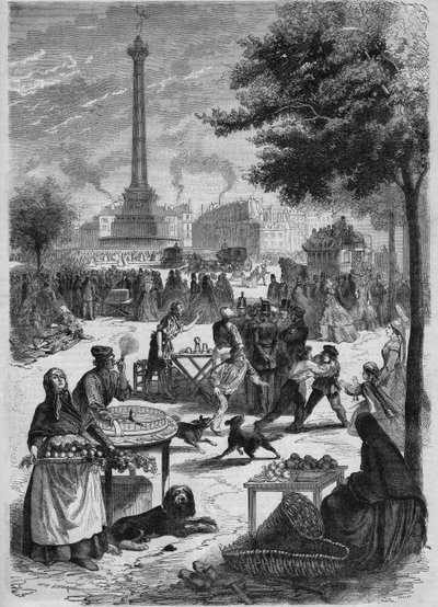 Place de la Bastille يوم الأحد من شهر سبتمبر. نقش بعد رسم تخطيطي من قبل Pignard من عام 1865. بواسطة المدرسة الفرنسية