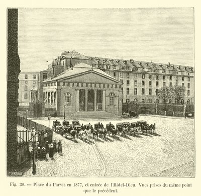 Place du Parvis في عام 1877 ، ومدخل Hôtel-Dieu ، المناظر المأخوذة من نفس النقطة مثل النقطة السابقة بواسطة المدرسة الفرنسية
