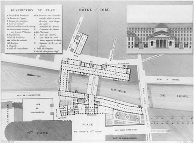 مخطط فندق ديو ، باريس ، توضيح من الوصف des Hopôpitaux de Paris ، منقوش بواسطة جاك إتيان تيري (1750-1832) بعد بيسات ، 1808 بواسطة المدرسة الفرنسية