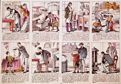 Plate describing the history of coal production and different derivatives as diamond, coke (fuel), graphite and oil (engraving بواسطة المدرسة الفرنسية
