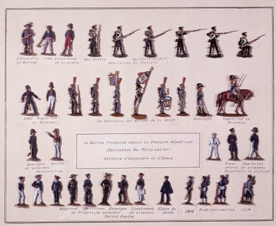 لوحة تمثل الزي الرسمي المختلف للبحرية الفرنسية من Premiere Republique (1792) حتى عام 1914. رسم توضيحي للقرن العشرين بواسطة المدرسة الفرنسية