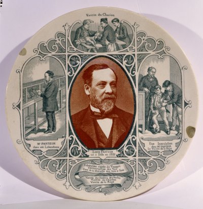 لوحة بها صورة لويس باستور (1822-1895) بواسطة بيير بيتيت (1832-1909) ، ومشاهد من حياته (خزفي) بواسطة المدرسة الفرنسية