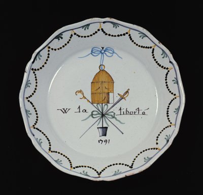 لوحة بقفص طائر مفتوح والأسطورة Vive la Liberte ، 1791 (سيراميك) بواسطة المدرسة الفرنسية
