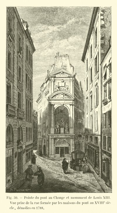 Pointe du pont au تغيير ونصب تذكاري لـ Louis XIII ، منظر مأخوذ من الشارع الذي شكلته منازل الجسر في القرن الثامن عشر ، تم هدمه عام 1788 بواسطة المدرسة الفرنسية
