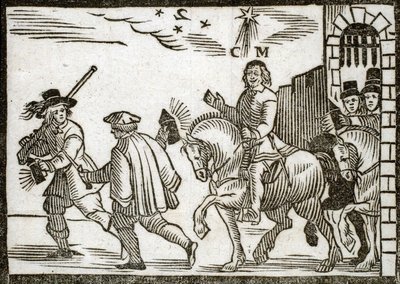 الكتيبات السياسية Mazarinade: Mazarin يهرب من باريس على ظهور الخيل ، في منتصف الليل ، يسبقه خادمان يحملان فانوس. نقش الخشب 1651 بواسطة المدرسة الفرنسية