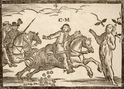 الكتيبات السياسية Mazarinade: Mazarin في رحلته يسقط ecus: ظل Concini ، Marshal of Anchor ، يقف أمامه. نقش الخشب 1651. بواسطة المدرسة الفرنسية