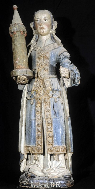 Polychrome wood sculpture representing Saint Barbe (late 16th century), preserved at the Museum of Dinan. بواسطة المدرسة الفرنسية