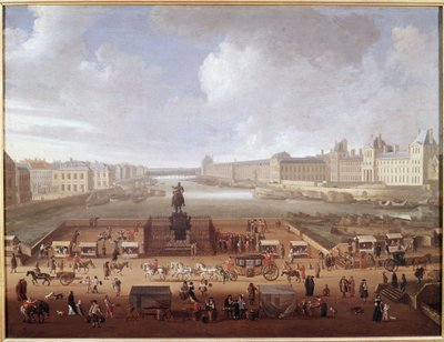 بونت نوف ، باريس ، يُرى من المدخل إلى Place Dauphine تظهر كلية الأمم 4 ، Quai Malaquais ومتحف اللوفر (زيت على قماش بواسطة المدرسة الفرنسية