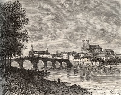 Pont-a-Mousson (Pont a Mousson) - Meurthe-et-Moselle - نقش في "فرنسا اللامعة: الجغرافيا والتاريخ والإدارة الإحصائية" بقلم V.-A. الشعير براون. 1884 بواسطة المدرسة الفرنسية