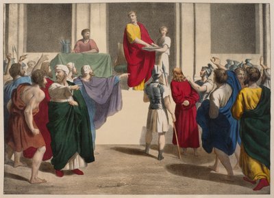 بونتيوس بيلاطس يغسل يديه قبل يسوع ، رسم توضيحي من التعليم المسيحي Listoire Sainte ، نشره Charles Delagrave ، باريس ، أواخر القرن التاسع عشر بواسطة المدرسة الفرنسية