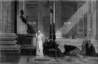 صلى البابا بيوس التاسع (1792-1878) بالقرب من تمثال القديس بطرس في بازيليك القديس بطرس في روما. نقش من "" روما: الوصف والهدايا التذكارية "بقلم فرانسيس وي ، سنوات 1870. بواسطة المدرسة الفرنسية