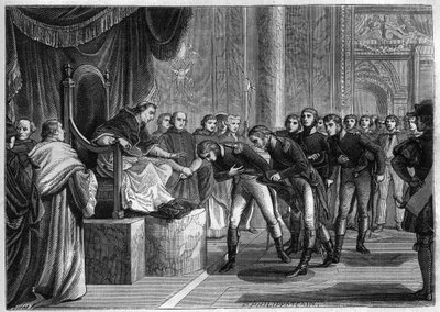 استقبل البابا بيوس السابع (1742-1823) في روما البحارة الفرنسيين أعضاء طواقم الطوب "القديس بطرس" والقديس بولس "الذي قدمه بونابرت كهدية إلى البابا ، أغسطس 1802 - نقش عام 1865 في" التاريخ " du Consulate et de l