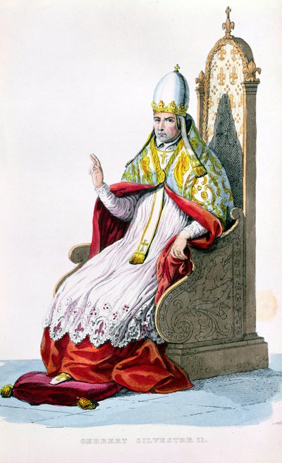 البابا سيلفستر الثاني ، من le Plutarque Francais بواسطة E.Mennechet ، باريس ، 1835 (نقش الألوان) بواسطة المدرسة الفرنسية
