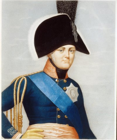 صورة للقيصر ألكسندر الأول بافلوفيتش (1777-1825) (صورة للإمبراطور ألكسندر الأول). مرتدياً الوشاح الأزرق لفرسان وسام الروح القدس والشارة المطرزة للوسام الإمبراطوري للقديس أندرو. عمل سيد فرنسي ، ليثوجراف ميل بواسطة المدرسة الفرنسية