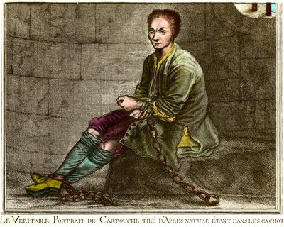 Portrait en pied de Louis Dominique Cartridge (1693-1721), French brigand in his dungeon Engraving of the 18th century Private collection بواسطة المدرسة الفرنسية