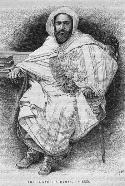 صورة لعبد القادر في دمشق عام 1880 (1808-83) ، من سوريا اليوم. رحلات إلى فينيسيا ولبنان وجودي. 1875-1880 من لويس تشارلز إميل لورت ، 1884 (النقش وزن الجسم) بواسطة المدرسة الفرنسية