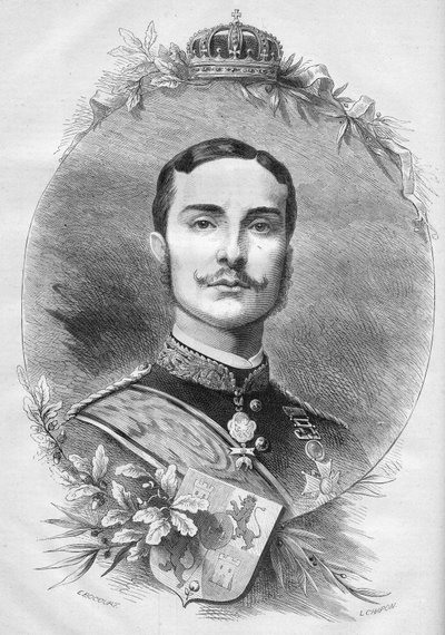 صورة لألفونسو الثاني عشر (ألفونسو) (1857-1885) ، ملك إسبانيا. نقش في "" Le Monde Illustré "" رقم 1085 بتاريخ 19 يناير 1878. بواسطة المدرسة الفرنسية