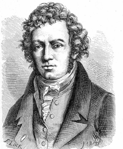 صورة لأندريه ماري أمبير (1775 - 1836) ، عالم فيزياء فرنسي - في ألبوم "" Album de la Science ؛ علماء لامعون الاكتشافات العظيمة "" "1896. بواسطة المدرسة الفرنسية