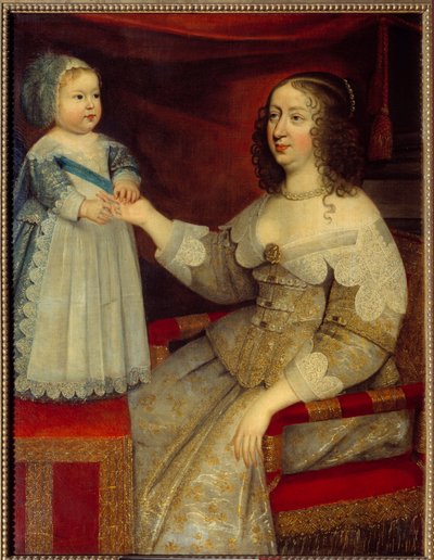 صورة آن ملكة النمسا ، ملكة فرنسا (1601-1666) والطفل الدلفين لويس الرابع عشر (1638-1715) لوحة للمدرسة الفرنسية. قبل 1643. الشمس 1،2x0،96 م بواسطة المدرسة الفرنسية