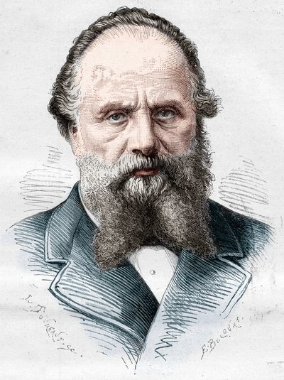 صورة لأريستيد بوكيكوت (1810-1877) ، تاجر فرنسي ، مدير المخازن الكبرى في بون مارش. نقش في "" Le Monde Illustré "" رقم 1082 بتاريخ 5 يناير 1878. بواسطة المدرسة الفرنسية