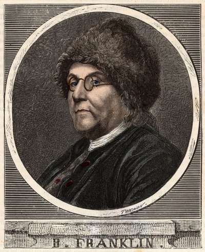 صورة لبنيامين فرانكلين (1706-1790) طابعة وناشر وعالم ومخترع ورجل دولة ودبلوماسي أمريكي - صورة بنجامين فرانكلين (1706-1790) ، عالم فيزيائي وفيلسوف وسياسي أمريكي - نقش في "" العلوم التي وصلت إلى متناول الجميع بواسطة المدرسة الفرنسية