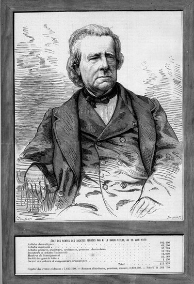 صورة للبارون تايلور (إيزيدور جاستن سيفرين تايلور ، ديت) (1789-1879) ، كاتب مسرحي ومحسن فرنسي. نقش في "" Le Monde Illustré "" رقم 1172 بتاريخ 13 سبتمبر 1879. بواسطة المدرسة الفرنسية