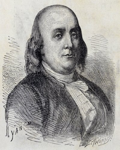 صورة لبنجامين فرانكلين (1706 - 1790) ، سياسي أمريكي ، ذكرى ، كتيب وعالم فيزياء - في ألبوم العلوم ؛ علماء لامعون الاكتشافات العظيمة "" "1896. بواسطة المدرسة الفرنسية