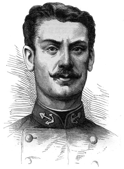 صورة للنقيب جوزيف جالياني (1849-1916) ، جندي ومستكشف فرنسي. نقش في "" Le Monde Illustré "" رقم 254 بتاريخ 9 أبريل 1881. بواسطة المدرسة الفرنسية