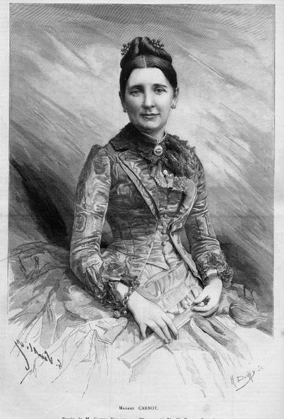 صورة لسيسيل كارنو (ني دوبون وايت أو دوبونت وايت) (1841-1898) ، زوجة سعدي كارنو ، رئيس الجمهورية الفرنسية. نقش في "" Le Monde Illustré "" رقم 1678 بتاريخ 25 مايو 1889. بواسطة المدرسة الفرنسية