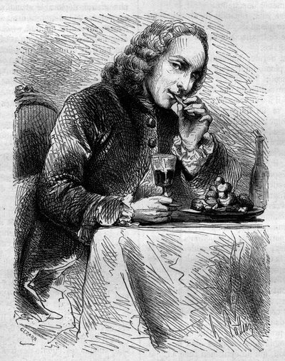 صورة شخصية لكلود هنري دي فوسي دي فويسينون (1708-1775) ، رجل الكنيسة الفرنسي والشاعر والكاتب المسرحي ، يمثله صانع الحلويات في كوتيرتس. نقش من 1858. بواسطة المدرسة الفرنسية