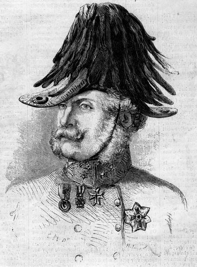 صورة للكونت فيرينش جيولاي (1797-1868) ، ملازم أول قائد القوات النمساوية في مقاطعات لومبارد. نقش في "" Le Monde Illustré "" رقم 107 بتاريخ 30 أبريل بواسطة المدرسة الفرنسية
