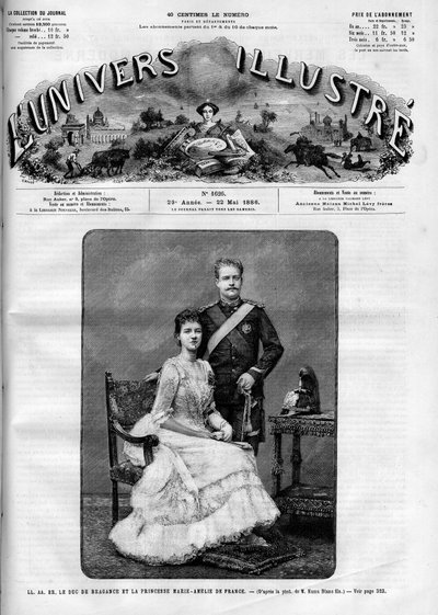 صورة لدوق تشارلز فرديناند من براغانس (1863-1908) وأميرة فرنسا ماري أميلي دورلينز (1865-1951). أصبح الملك تشارلز الأول ملك البرتغال. جريدة. نقش في "" Le Monde Illustré "، ٢٢ مايو ١٨٨٦. بواسطة المدرسة الفرنسية