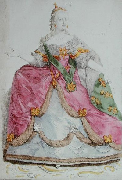 صورة الإمبراطورة كاثرين الثانية (1729-96) عظمة روسيا ، أواخر القرن الثامن عشر (نقش ملون) بواسطة المدرسة الفرنسية