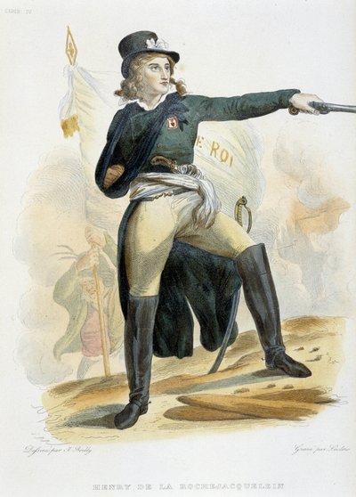 صورة هنري دو فيرجيه ، كونت لا روشيكلين (أو بستان دي لا روشياكيلين) (1772-1794) مع العلم "" لايف لو روا "(على الصدر شارة Vendeens) - في" "Le Plutarque Français" "بقلم Mennechet ، المجلد 8 1841 بواسطة المدرسة الفرنسية