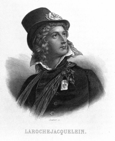 صورة هنري دو فيرجير ، كونت لاروشياكيلين (أو Verger de La Rochejacquelein) (1772-1794). يحمل على صدره شارة البائعين. - في "" Revolution francaise "بقلم تيير. القرن ال 19 بواسطة المدرسة الفرنسية