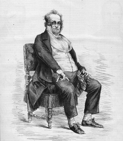 صورة لهنري مونييه (1799-1877) ، كاتب مسرحي فرنسي ورسام كاريكاتير وكوميدي. وهو يرتدي زي "Monsieur Prudhomme" ، وهي شخصية اخترعها مونييه ، وهو رسم كاريكاتوري للبرجوازية الفرنسية في القرن التاسع عشر. نقش في "" Le Monde Illustré "" بواسطة المدرسة الفرنسية
