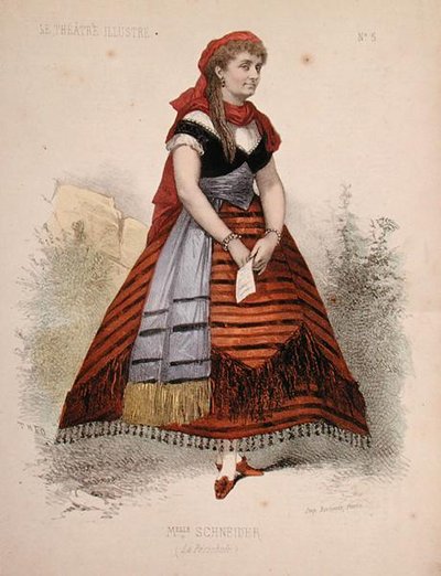 صورة لهورتنس شنايدر (1833-1920) في دور لا بيريكول في الأوبريت الذي يحمل نفس الاسم لجاك أوفنباخ (1819-90) توضيح من Le Theatre Illustre (لون ليثو) بواسطة المدرسة الفرنسية