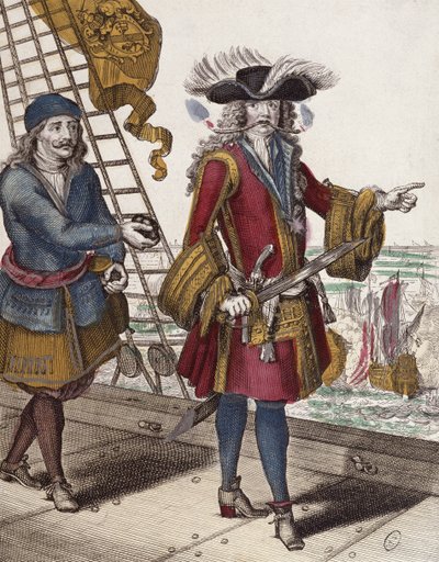 صورة لجان بارت (1650-1702) ممسكًا بمصهر حارق في فمه أثناء مواجهة بحرية (نقش ملون) بواسطة المدرسة الفرنسية
